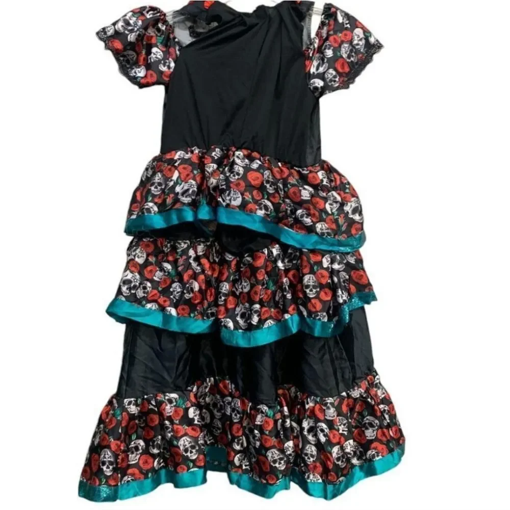 Sugar Skulls And Roses Day of the Dead Kids Costume - Black and Red Size 10-12